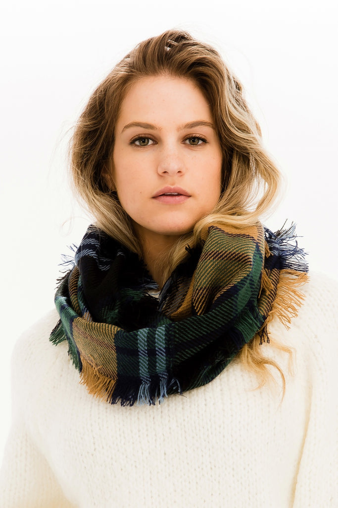 Infinity Scarf in Plaid Blue, Green and Gold