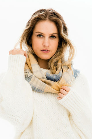 Infinity Scarf  in Plaid Blue, Yellow, Cream