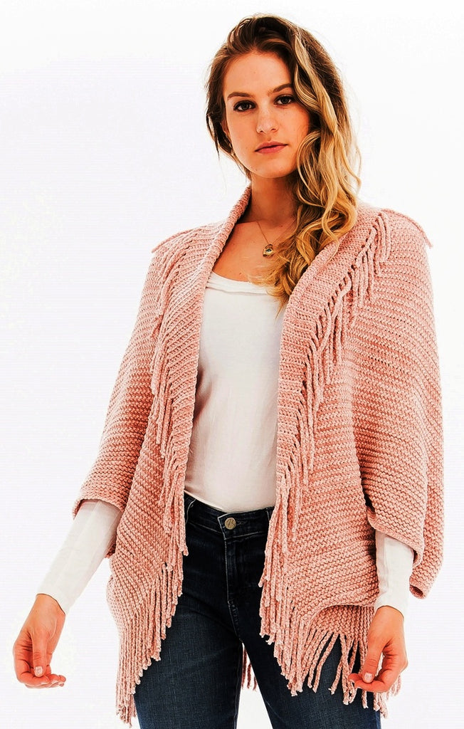 Trendy Fringed Poncho in Super Soft Chenille  in  Love You Pink