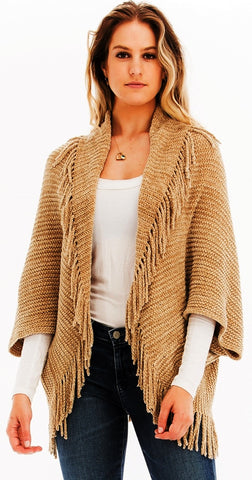 Trendy Fringed Poncho in Super Soft Chenille  in Golden Fawn