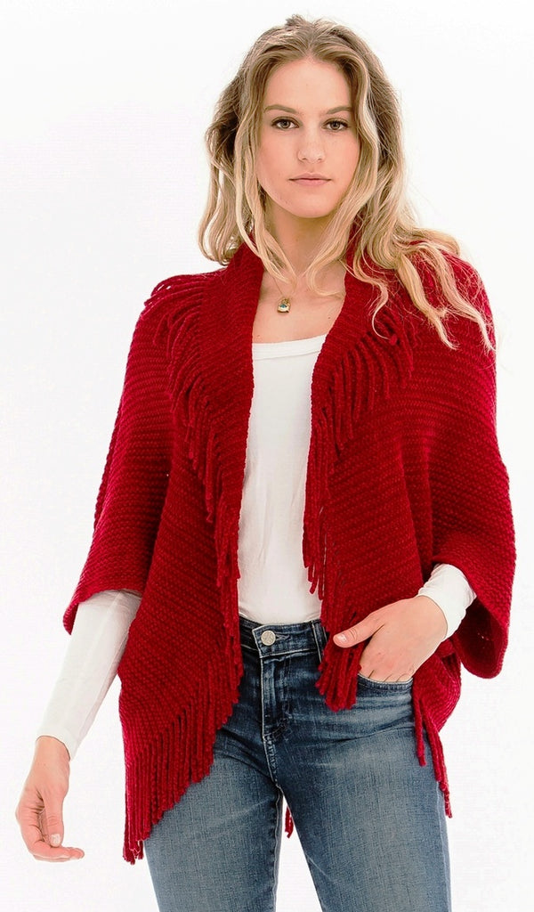 Trendy Fringed Poncho in Super Soft Chenille  in Autumn Red