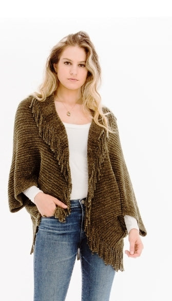 Trendy Fringed Poncho in Super Soft Chenille  in Earth Green