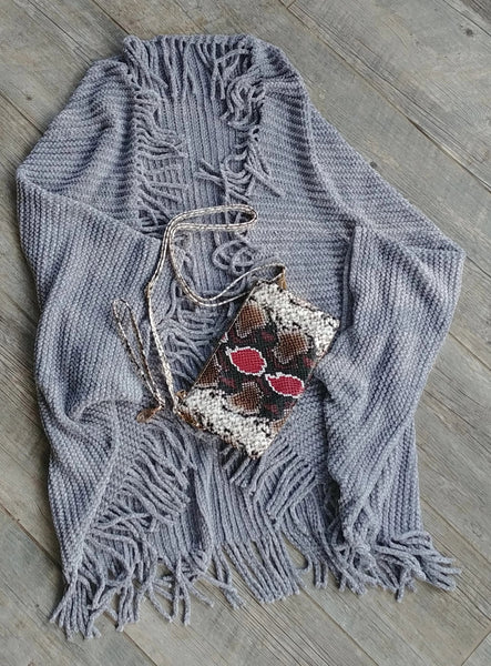 Trendy Fringed Poncho in Super Soft Chenille  in Perfect Gray